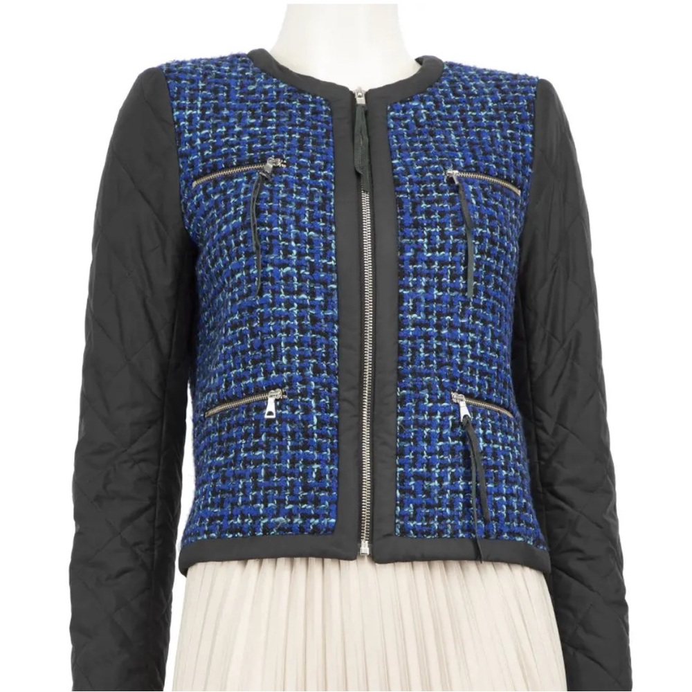 Sandro Blue boucle and Black Quilted Women's Jacket SZ 40